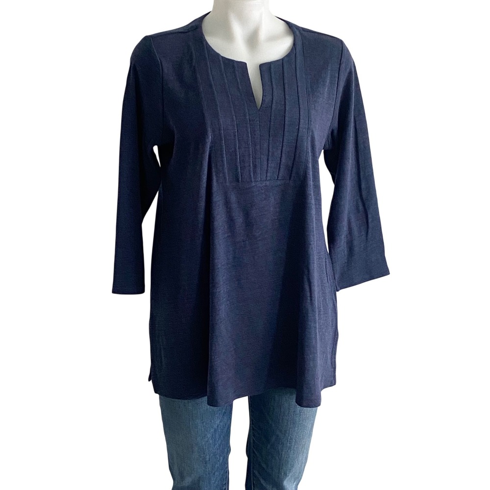 J. Jill Pure Jill Slub Bib Tunic Navy Blue Cotton Pintuck Top Small